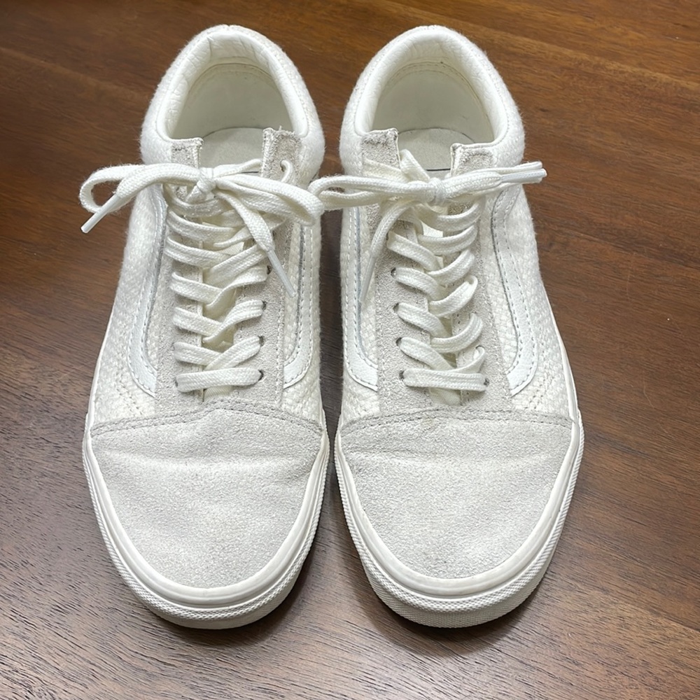 Vans old school cream colored woven canvas leather women 7.5, men 6